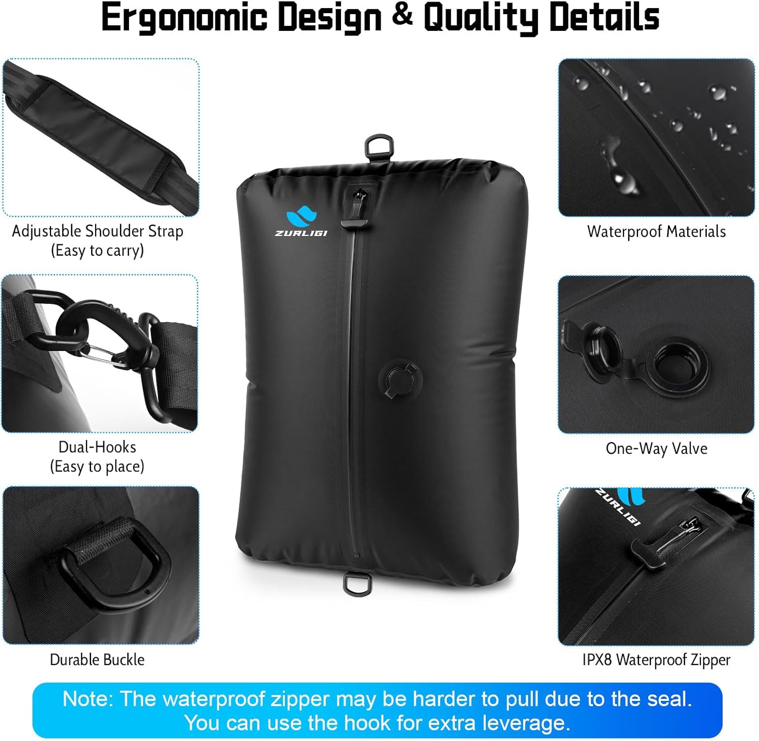 Zurligi Vacuum Bag with Pump for Travel – IPX8 Waterproof Reusable 39L Carry-On Compression Bag with Shoulder Strap for Clothes, Suitcase & Luggage(1-Pack, Black) - Image 7