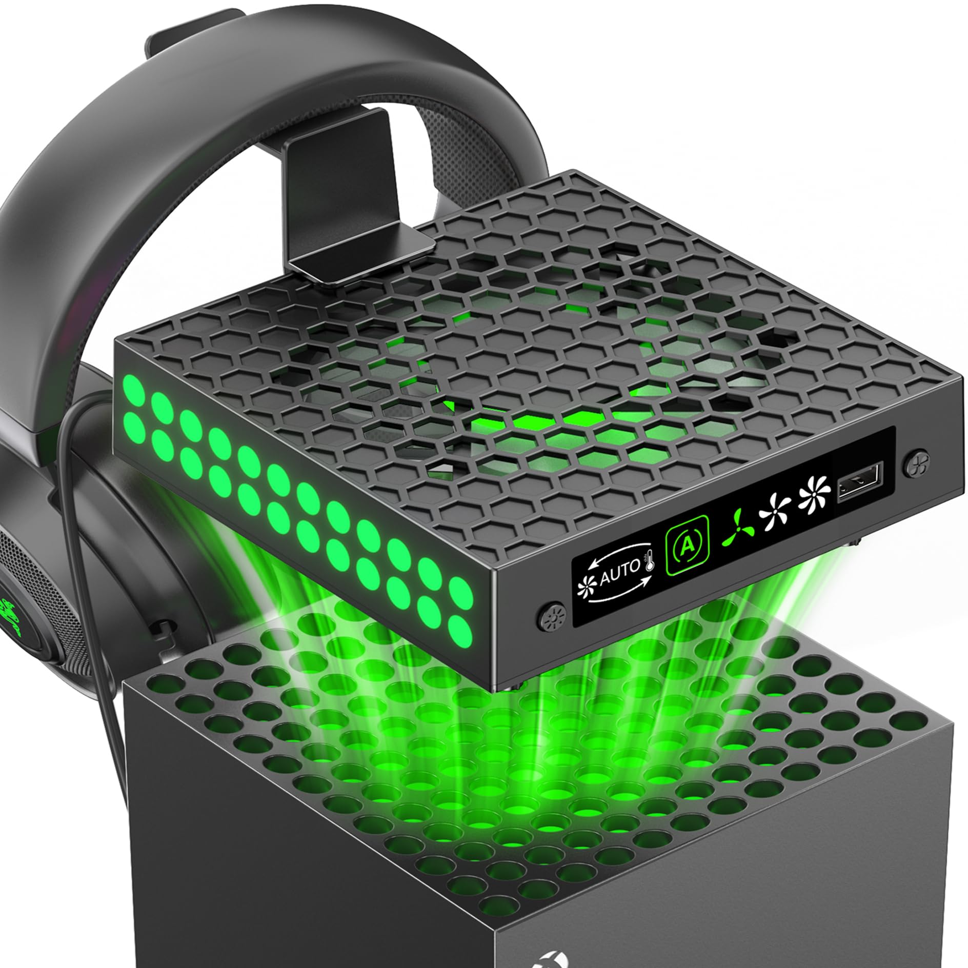 XBX Series X Cooling Fan Dust Proof with Auto Mode, for Xbox Series X Console with LED Lights, Built-in AUTO Adjustable Fan Cooling System, Xbox Series X Top Cooler, Game Accessory with Headset Holder