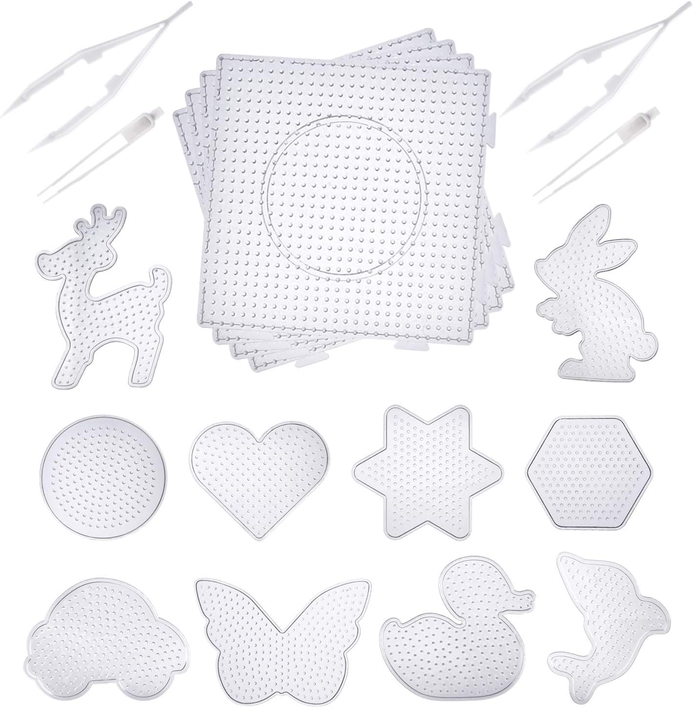 Canomo Fuse Beads Boards 4 Pack 5 mm Large Square Clear Plastic Pegboards and 10 Pieces 5 mm Small Cute Fuse Beads Pegboards with 4 Pieces Fuse Bead Tweezers