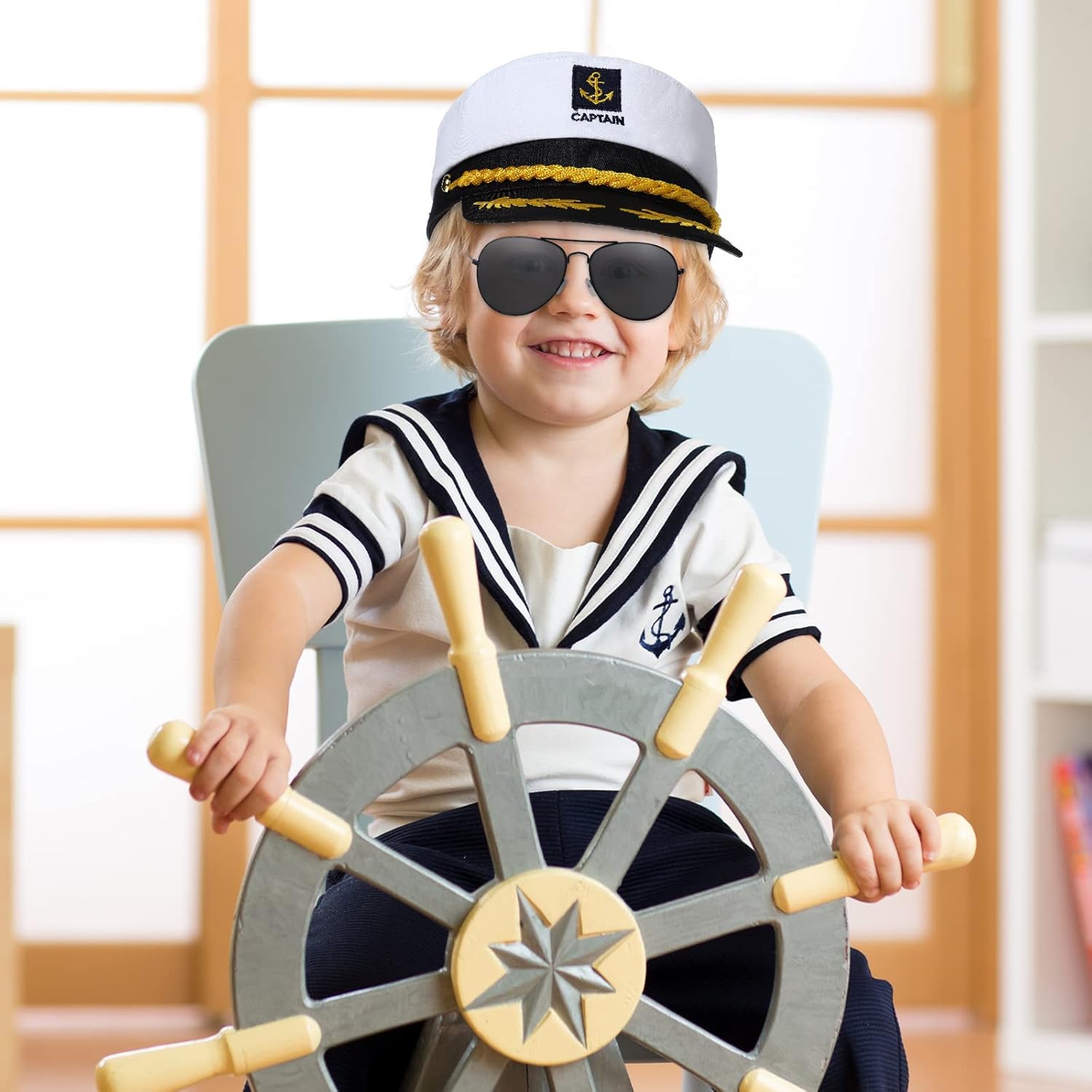 Hercicy 12 Pieces Yacht Captain Hat Sailor Ship Costume Set Captain's Yacht Sailors Hat Adjustable Sailor Ship Cap Polarized Sunglasses Lightweight Driving Sunglasses for Kids