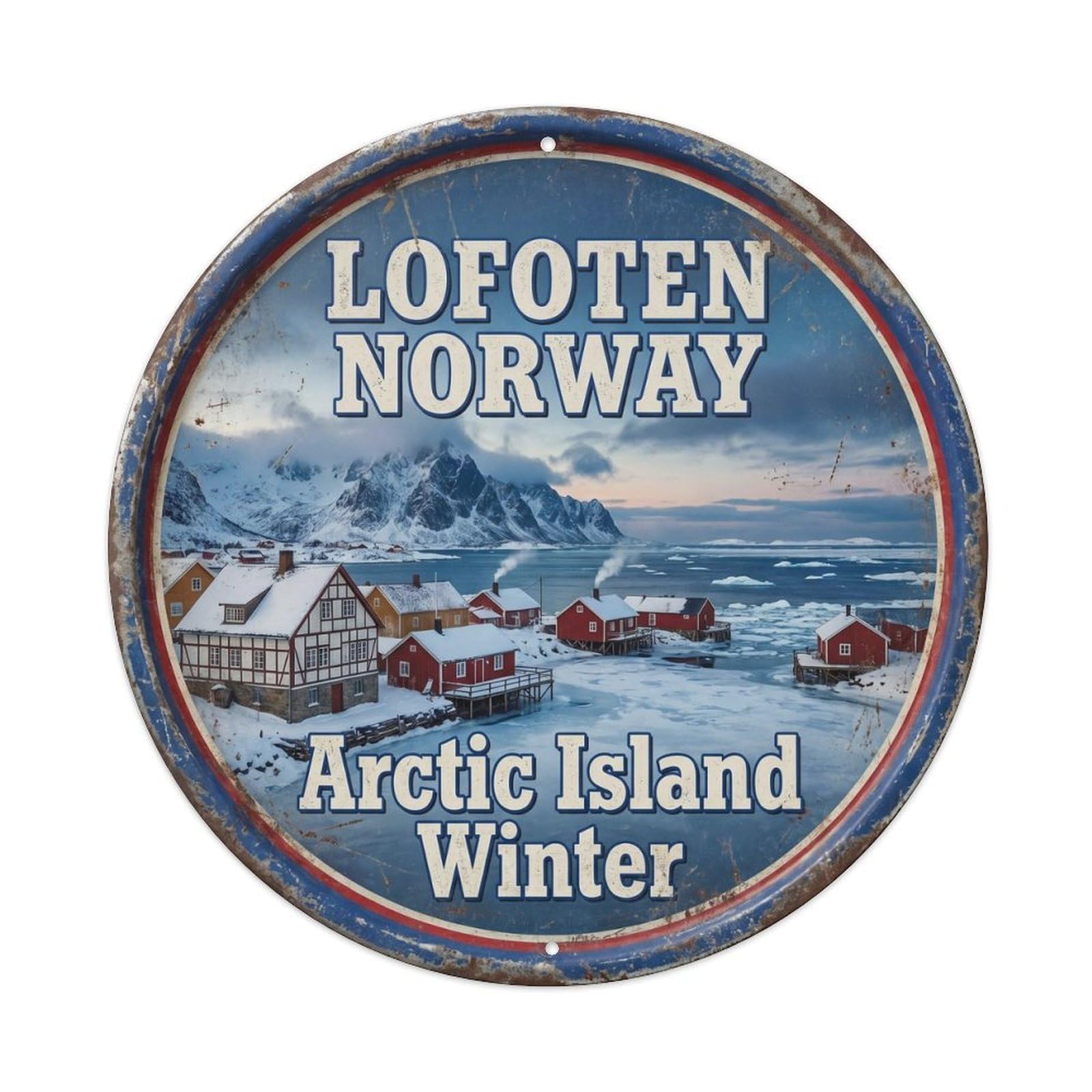 Vintage Travel Lofoten Norway Winter Metal Tin Sign Plaque Wall Decor for Cafe, Club, Garden Round Metal Poster 8x8Inch
