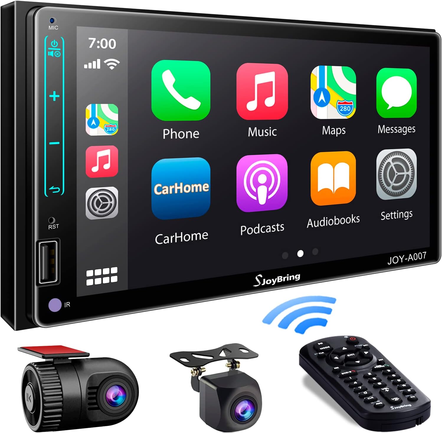 HD IPS Double Din Car Stereo with Dash Cam, Voice Control Carplay, Android Auto, Bluetooth, AHD Backup Camera, Mirror Link, Steering Wheel Controls, Subw, AM/FM, 7" Car Radio Receiver