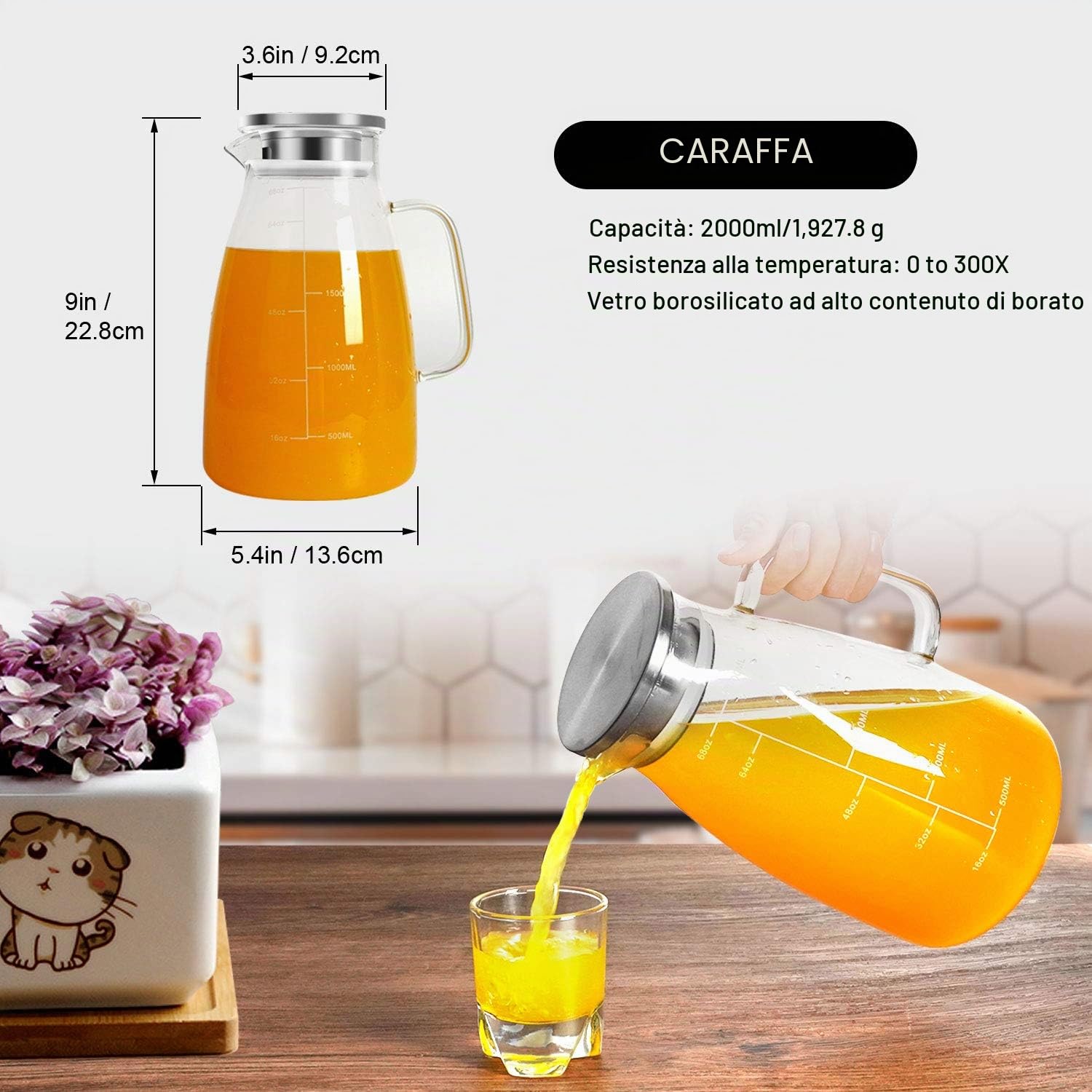Caraffa in Vetro 2L Graduata Aofmee, Brocca con Coperchio Acciaio Inox 304, in Borosilicato, Caraffa Acqua per Frigorifero, Tè Freddo, Succo, Bevande