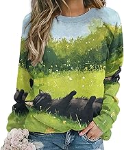 ZOCAVIA Womens Funny Cat Sweatshirts Fall Casual Crewneck Pullover Tops Vintage Forest Graphic Long Sleeve T Shirts Oversized