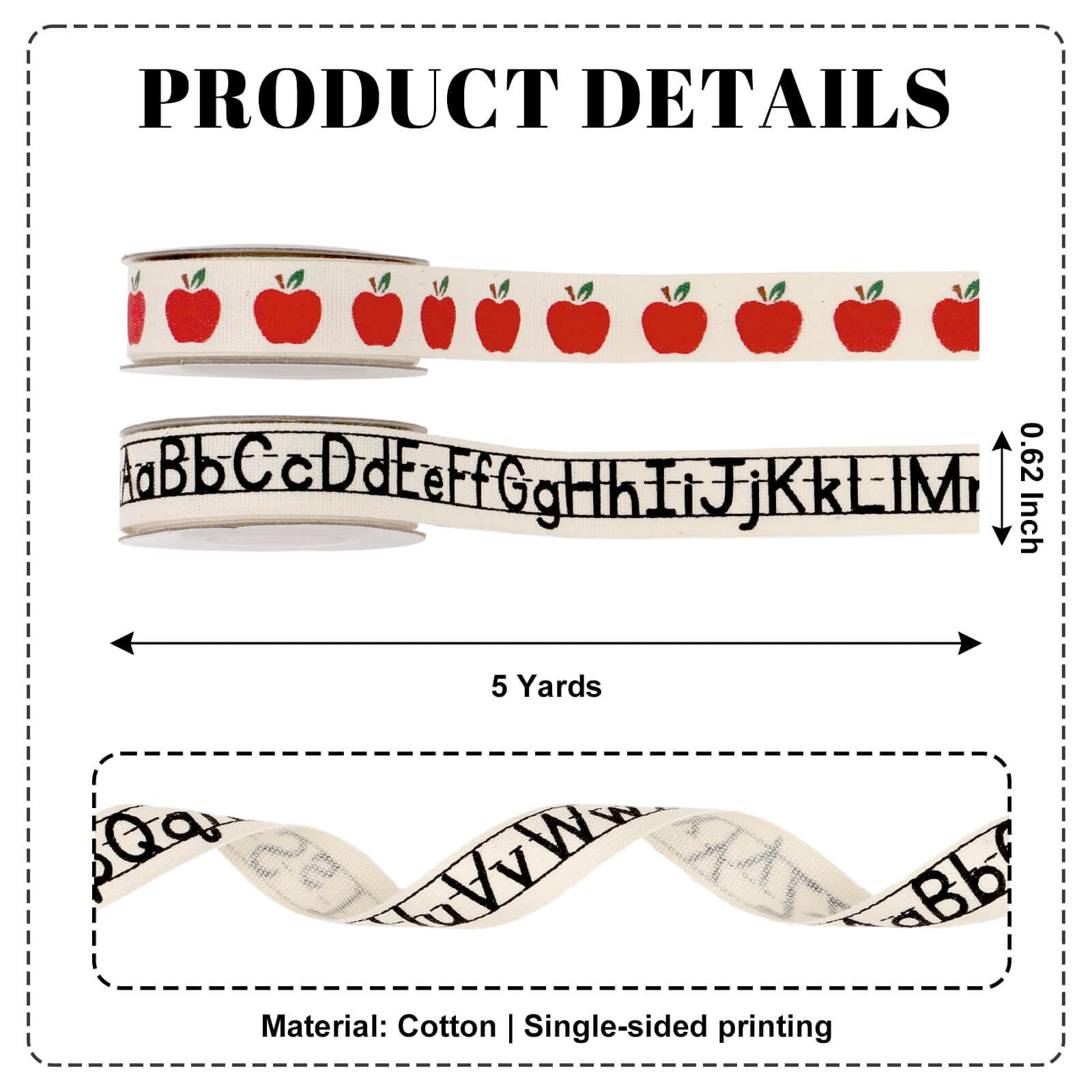 School Ribbon for Crafts 2 Pack, 5/8 Inch x 5 Yards Cotton Apple Alphabet Back to School Ribbon for Hair Bows Gift Wrapping Teacher Gifts - 2