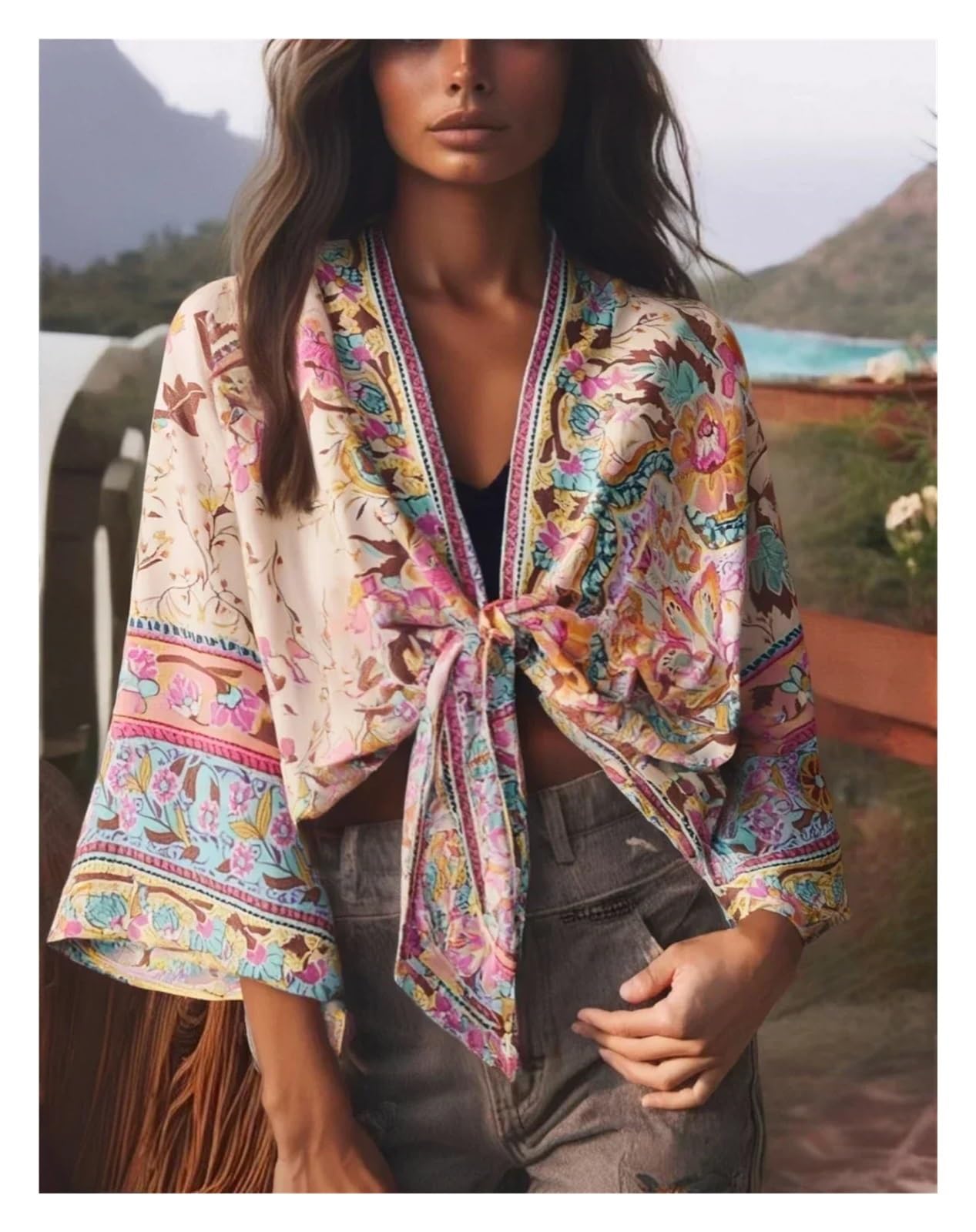 Sexy Vestido De Baño Cubrir Ropa Kimono corto con estampado floral y fajas for mujer, pareo de bikini for playa