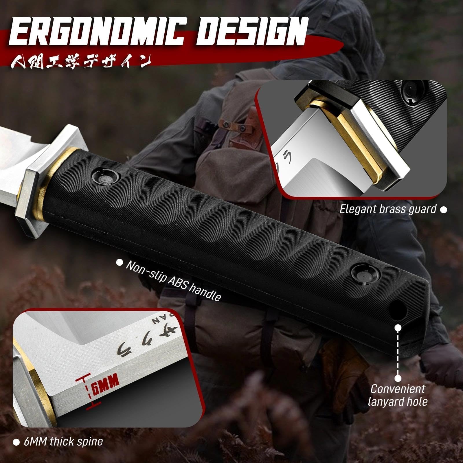 Freelander Großes Outdoor Messer Survival, Machete Scharf Echt Japanisch aus D2 Stahl, Jagdmesser Feststehende Klinge mit 6mm Klingenstärke, Outdoor Bushcraft Camping Messer mit Scheide