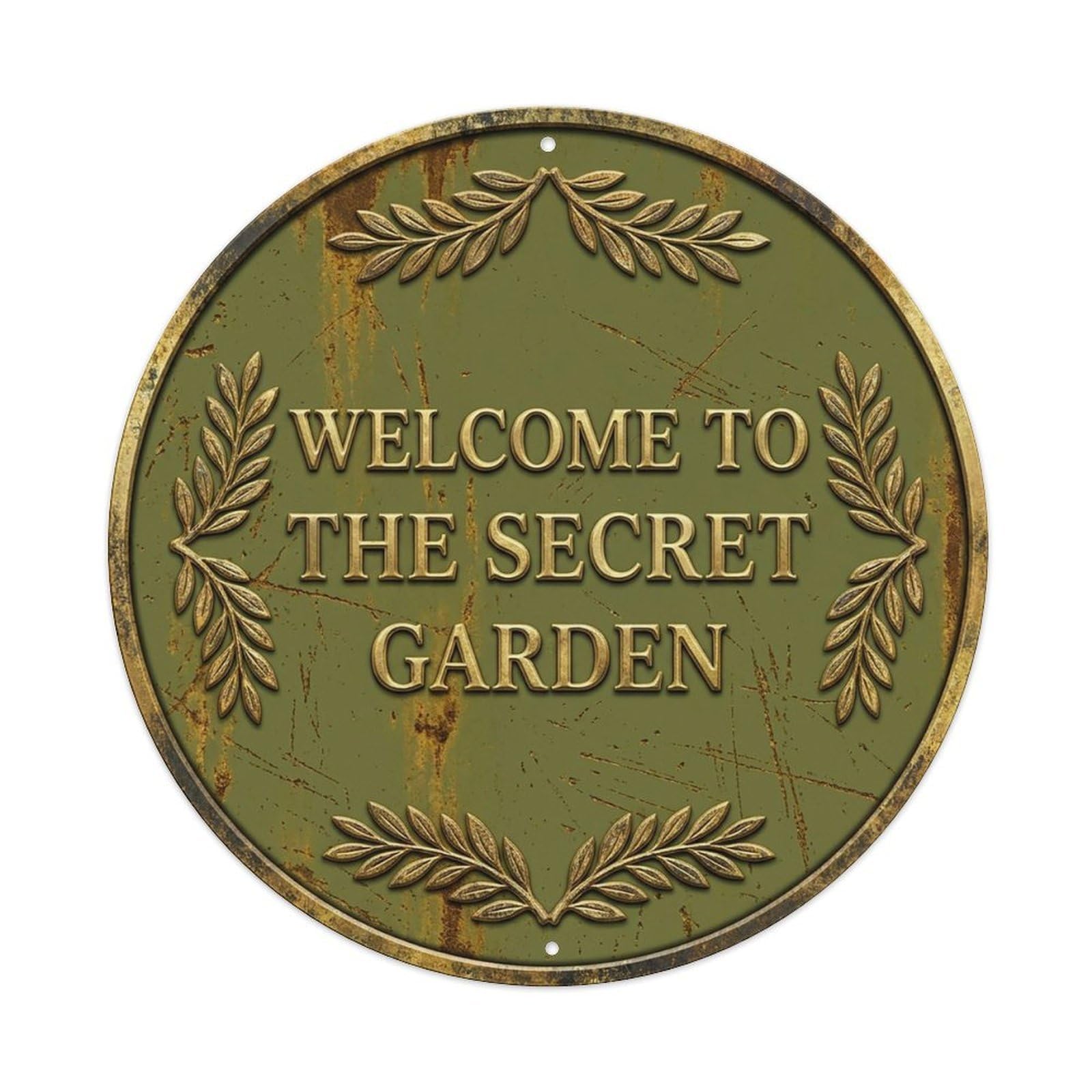 Vintage Welcome Secret Garden Gold Olive Elegant Metal Tin Sign