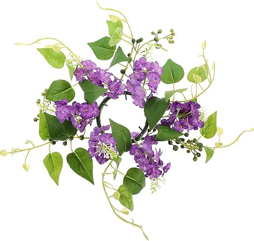 LUOZZY Anillo de vela de corona de jacinto artificial de hoja de flor para decoración de fiesta de mesa de cumpleaños de boda, color morado