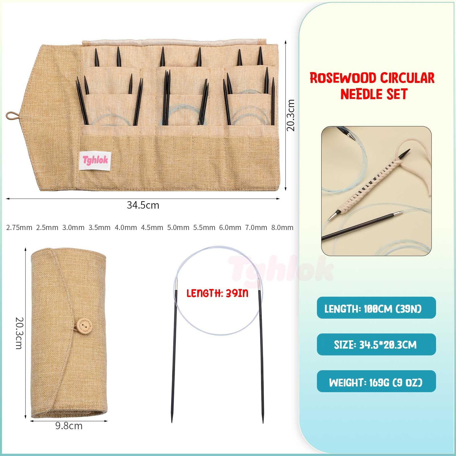 Juego de Agujas de Tejer de Madera de 2,5-8 mm con Bolsa de Almacenamiento para Tejer Todo Tipo de Hilos, Tejido Circular sin Costuras, Suave y Flexible, Gran Resistencia a la tracción