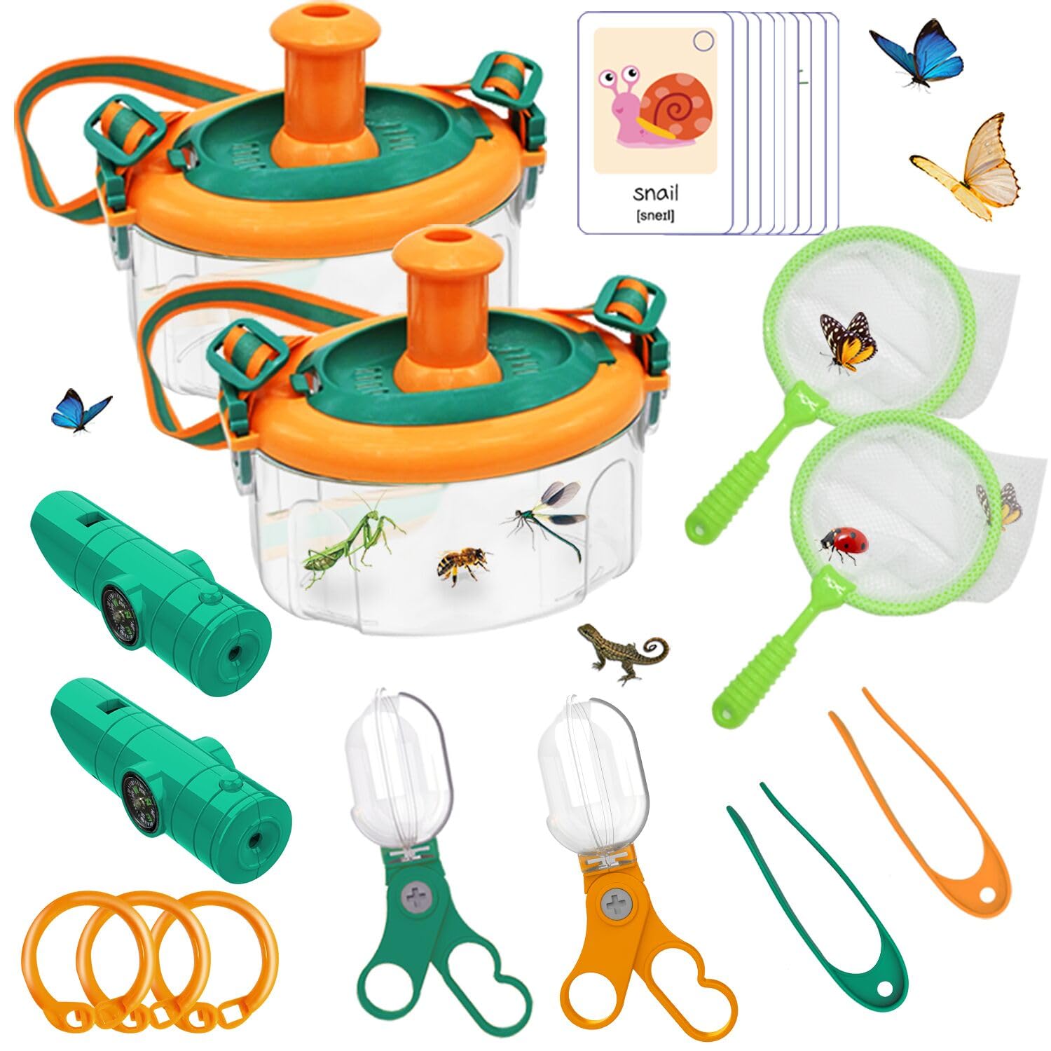 Kimicare2Sets Bug Catcher for Kids, Insect Catching Set with Bug Tong Tweezer Butterfly Net Bug Container Compass, Bug Toys Outdoor Explorer Kit Gifts for Kids 3-8 Years Old, Orange and Green