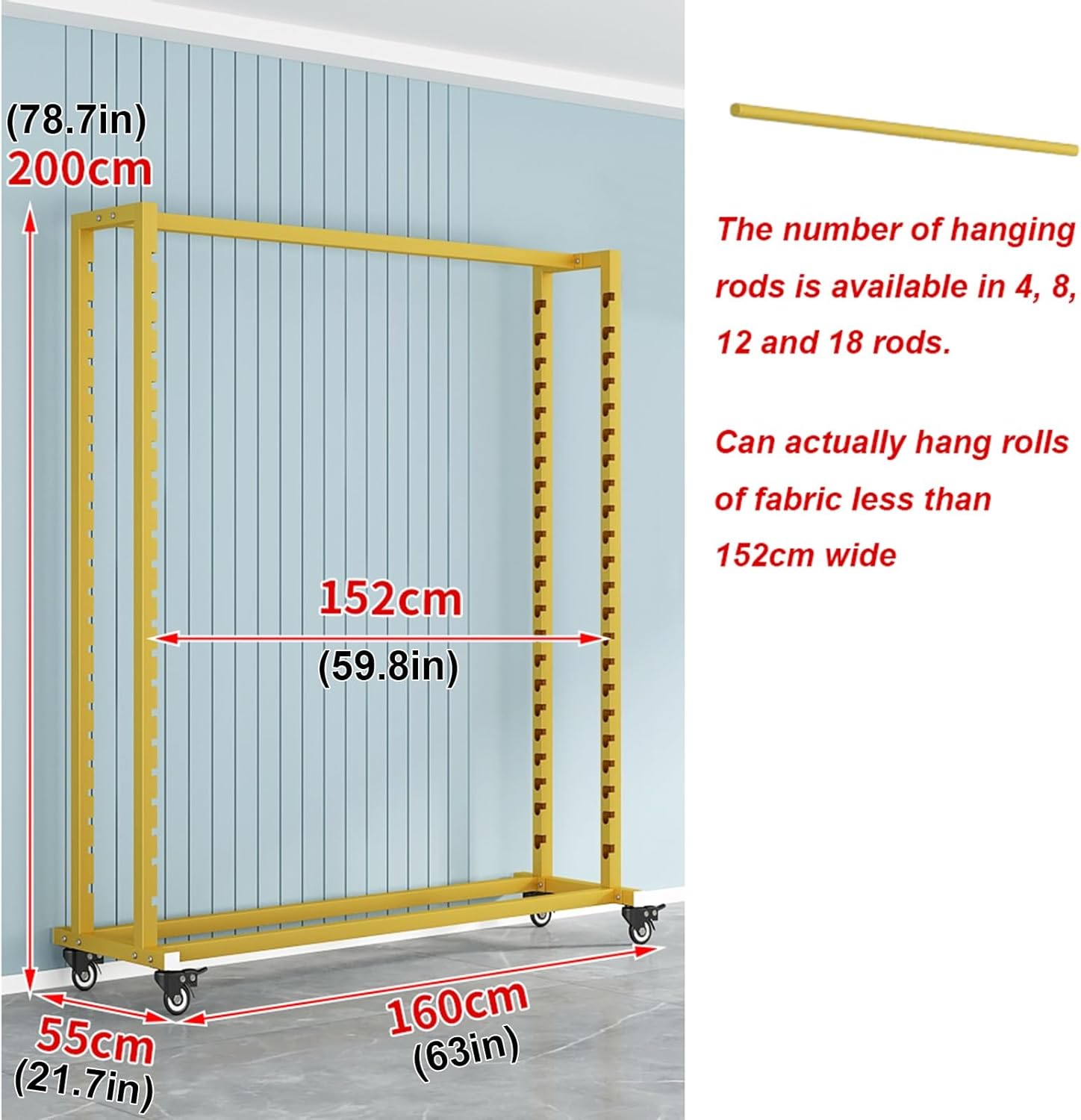 Heavy Duty Mobile Fabric Roll Storage Rack th Adjustable Rods, 8 Rods Organizer on Wheels for Vinyl, Leather, ndow Film & Wall - 160x55x200cm
