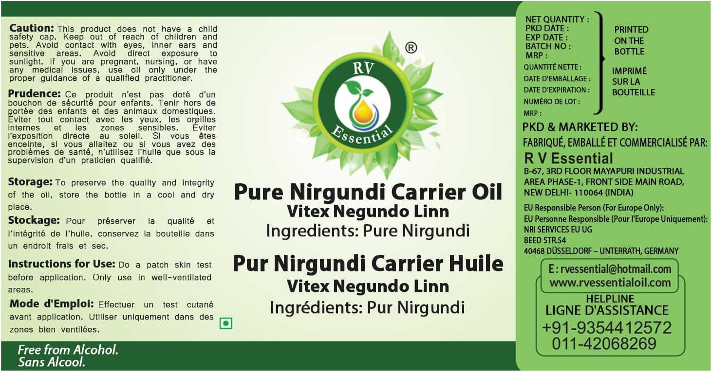 R V Essential Pure Nirgundi Carrier Oil 630ml (21oz)- Vitex Negundo Linn (100% Pure and Natural Cold Pressed)