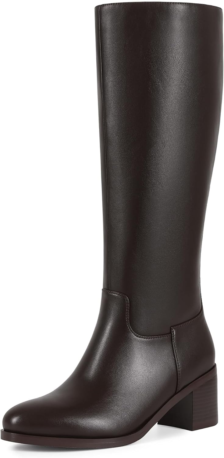 Boots for Women Wide Calf Boots Knee High Boots Women with Pointed Toe Almond Toe Chunky Block Heel Boot