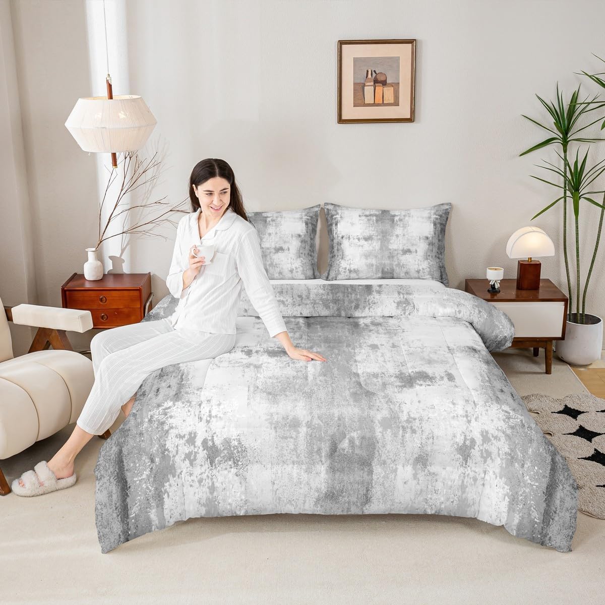 Erosebridal Oil Painting Bedding Set Queen Size Gradient Drawing Duvet Quilt for Kids Boys Men Tie-Dye Abstract Retro Room Decor Grunge Grey White Comforter Luxury Comfy Comforter Set