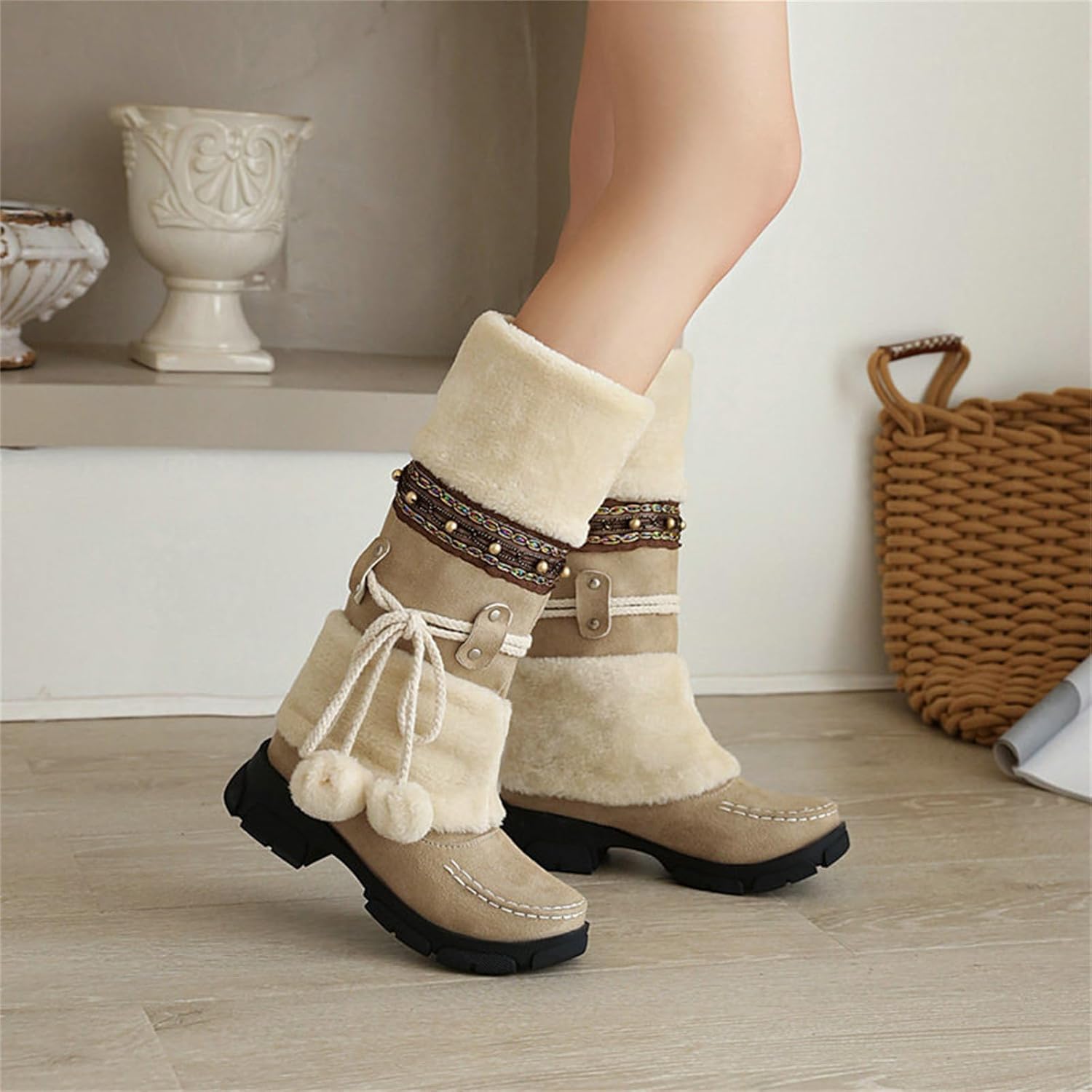 Women's Faux Fur Mid-Calf Snow Boots - Cozy Winter Boots with Rhinestone Trim & Drawstring Detail, Non-Slip Cold Weather Shoes for Daily Wear & Ski Trips
