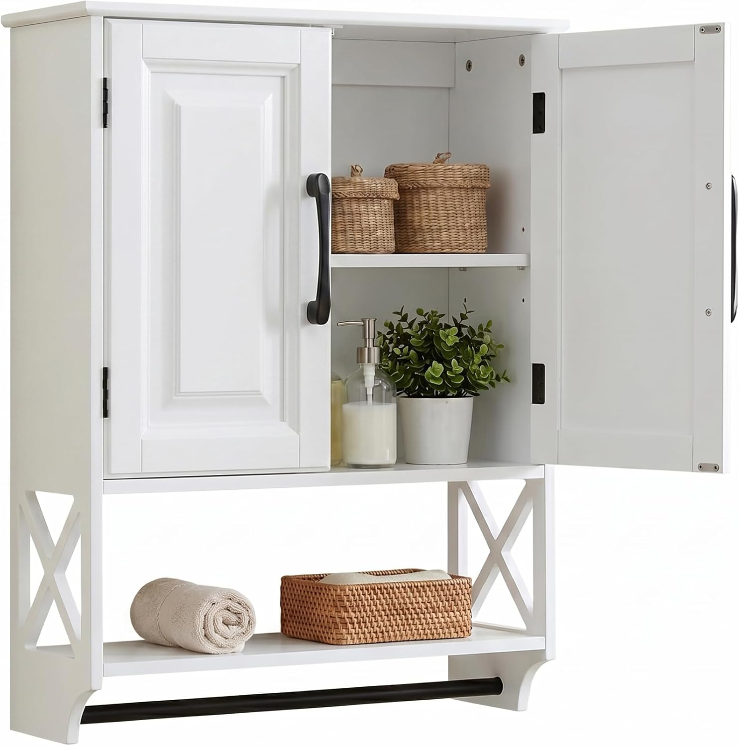 Bathroom Wall Cabinet, 25"x19" Farmhouse Wall Mounted Medicine Cabinet with 2 Raised Panel Doors, Adjustable Shelf & Towel Bar–Over Toilet Storage Organizer for Laundry Room, Entryway or Small Spaces