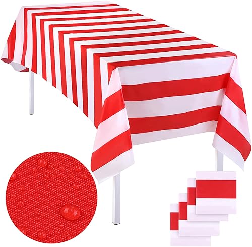 Miniatura 9 de ELCOHO Paquete de 6 manteles de rayas rojas y blancas de plástico a rayas, manteles de carnaval de circo para carnaval, decoración de fiesta