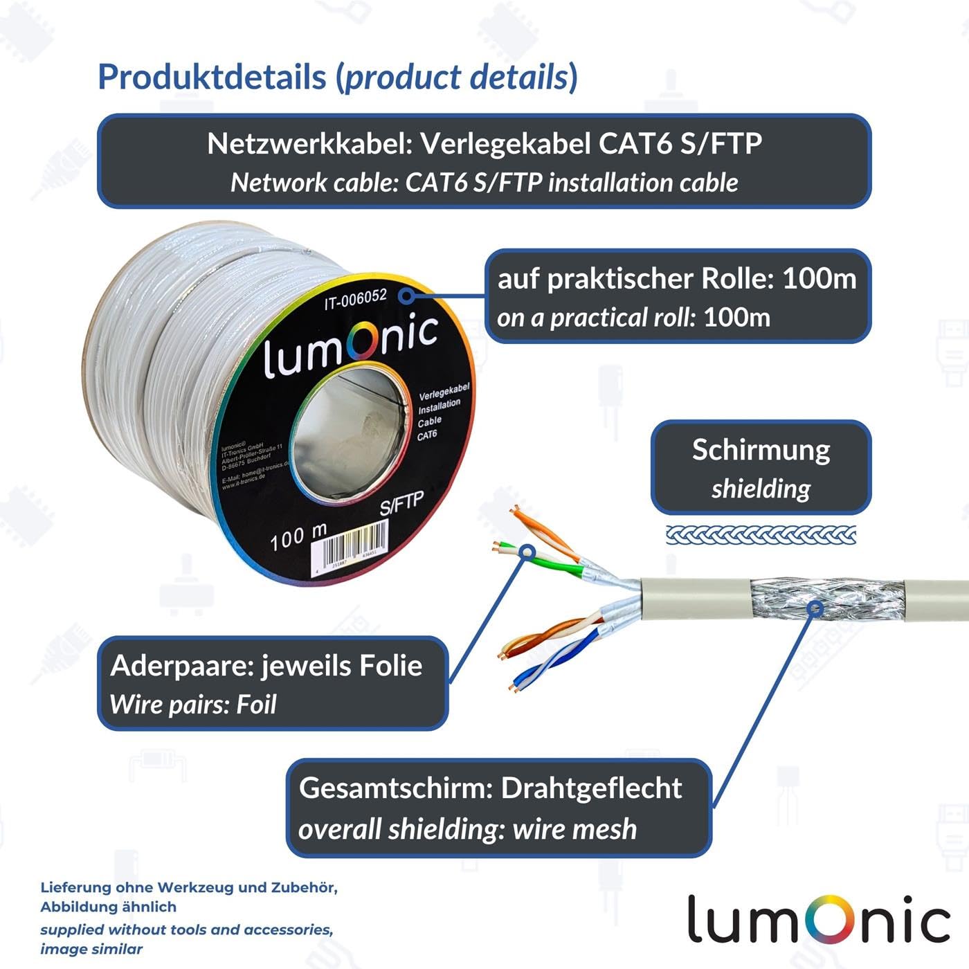 Lumonic 50m Netwerkkabel CAT 6 S/FTP PIMF I Cat6-kabel, Gigabit