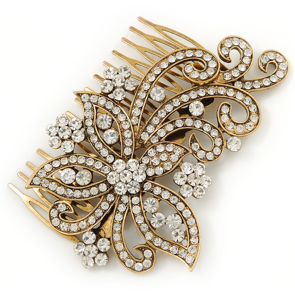 Vintage Inspired Bridal/Wedding/Prom/Party Gold Tone Clear Crystal 'Butterfly' Side Hair Comb - 100mm