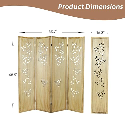 Miniatura 3 de ECOMEX Separadores de habitación tallados de 4 paneles, paneles plegables de privacidad de 5.6 pies, pantalla de división portátil de pared de