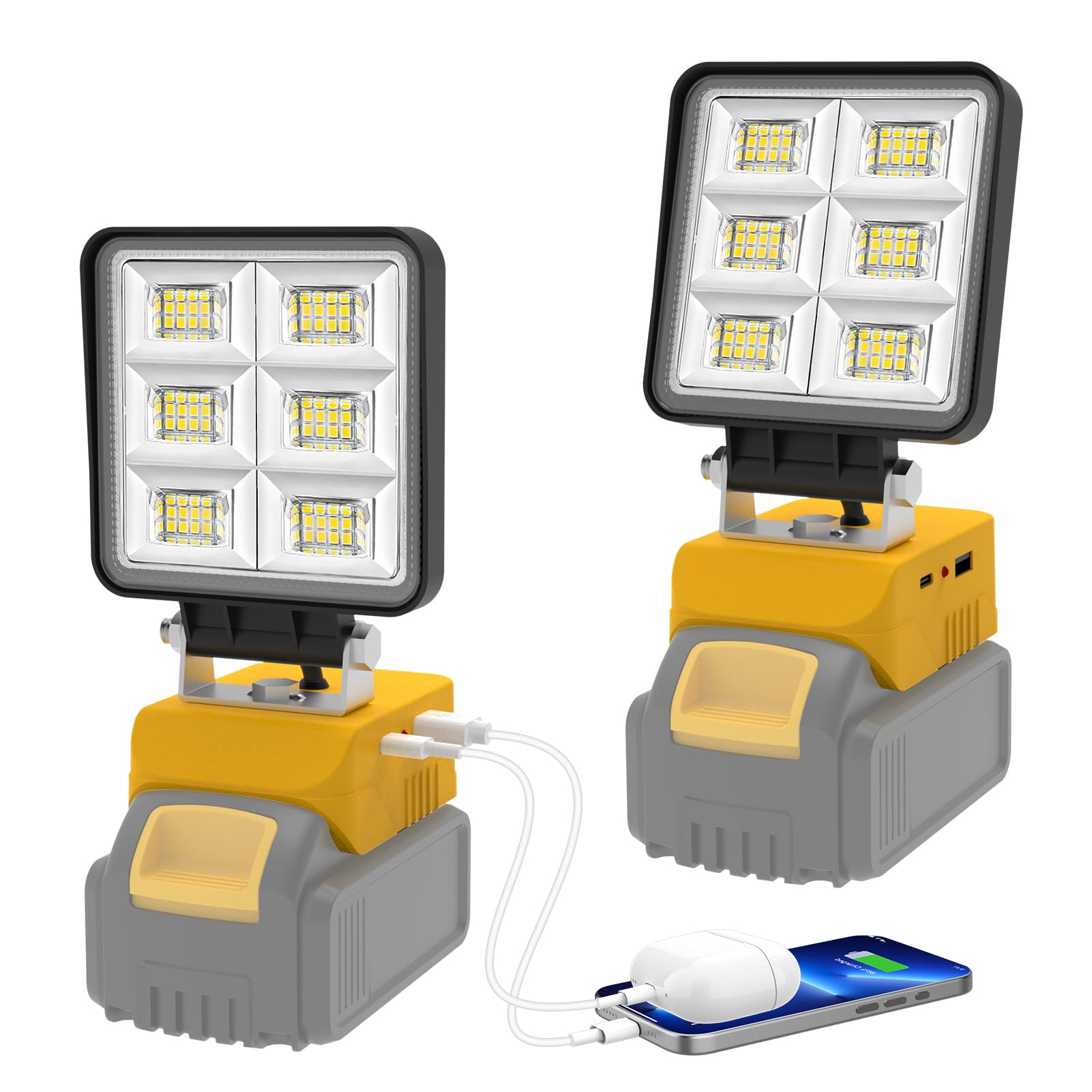 NATPOW 2 Pack Work Lights Compatible with dewalt 18v Battery, Flood Lights LED with 2 Mode, USB & Type-C 5200LM Portable Security Lighting for Car Garage Camping Emergency(No Battery)