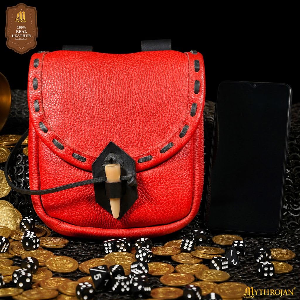 Mythrojan Riñonera de Cuero Original Medieval, Bolsa para Accesorios de Disfraces, cinturón Vikingo para Monedas (Rojo, 8 x 7 Pulgadas)
