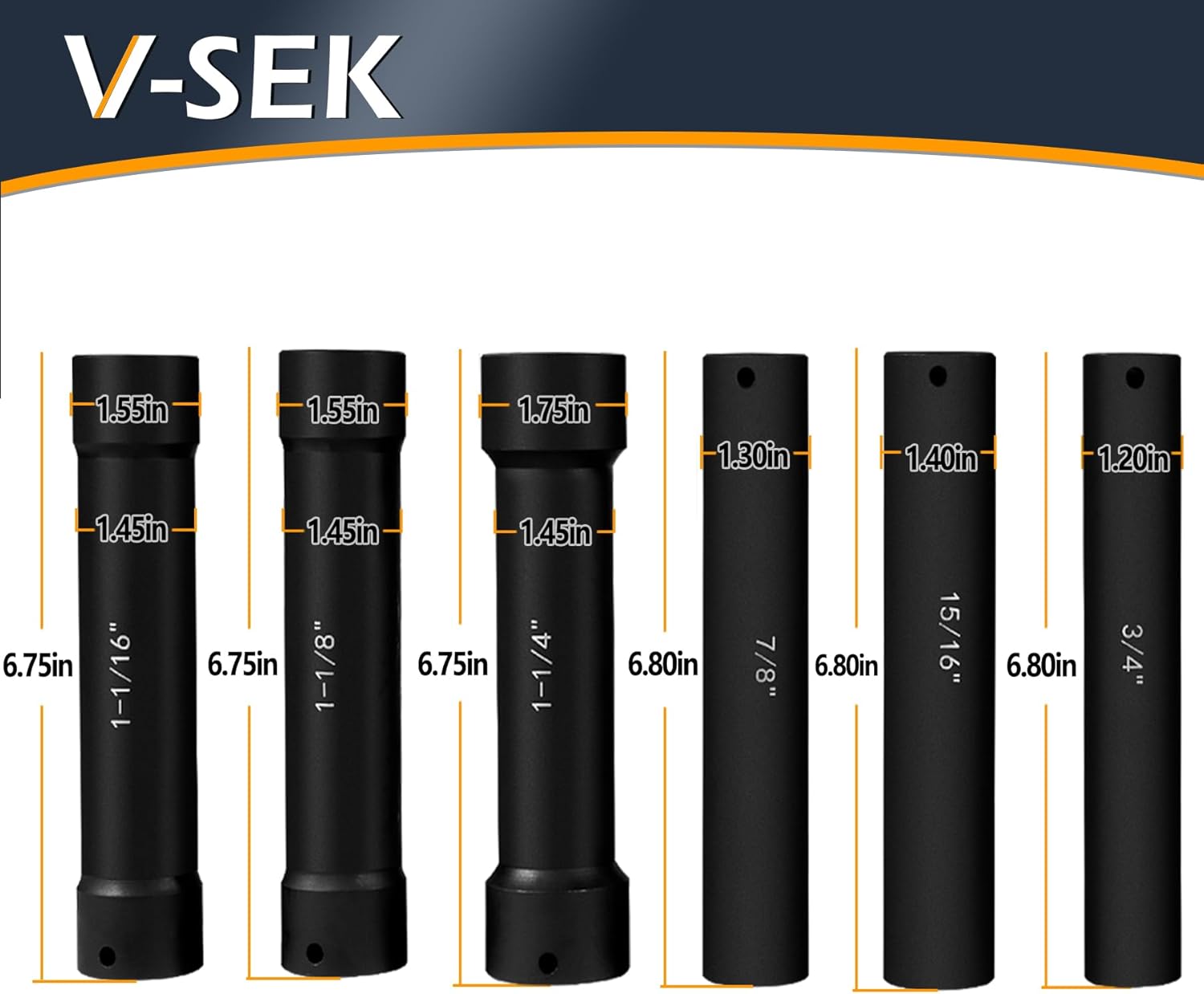 6.75 Inch Long Extended Length Impact Socket Set 1/2 Inch Drive Extra Deep Sockets Heavy Duty Steel With Hex Sizes 3/4" 7/8" 15/16" 1-1/16" 1-1/8" 1-1/4" for High Torque Use 6PCS