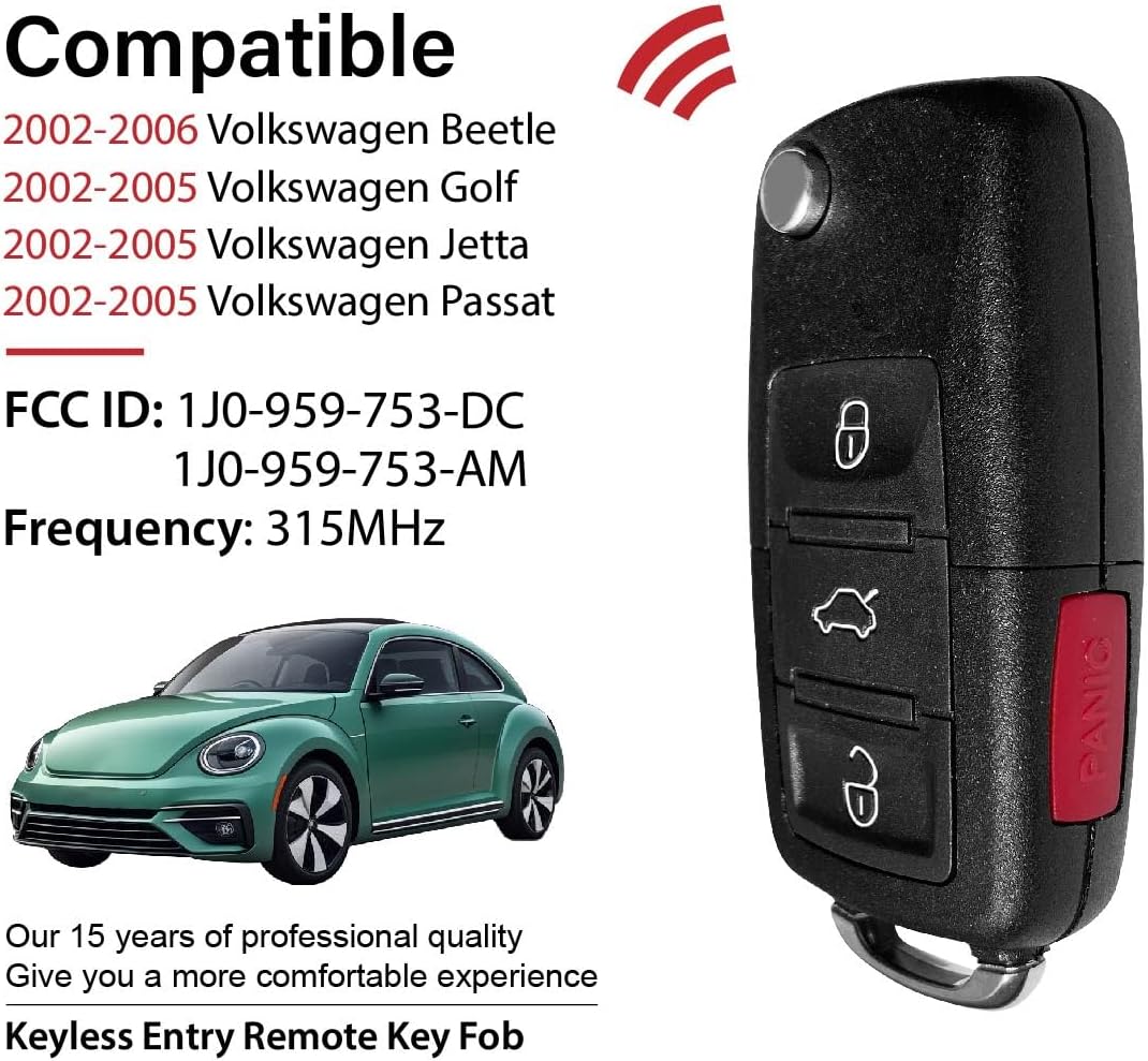 Replacement for 2002 2003 2004 2005 2006 Volkswagen Beetle Golf Jetta Passat Key Fob Remote Control 1J0-959-753-DC 4 Buttons 315MHz
