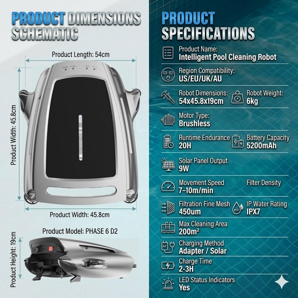 Robot Skimmer per Piscine ad energia Solare con Controllo Tramite App, pulitore Automatico per Piscine 24 Ore su 24, 7 Giorni su 7 con sistemas Intelligente di evitamento Ostacoli