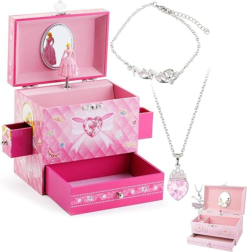 RR ROUND RICH DESIGN Joyero musical para niños cajones y joyas para niñas princesa y flores