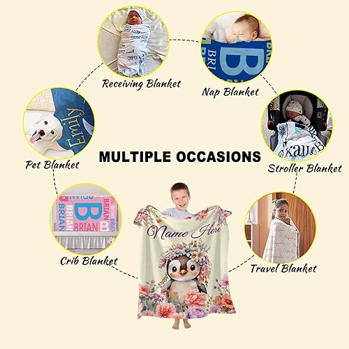 Miniatura 373 de Manta personalizada con diseño de jirafa y elefante, manta de franela suave, acogedora y ligera con nombre para sofá, cama, sofá, regalo, unisex