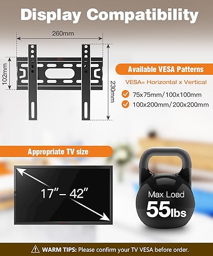 Miniatura 4 de Soporte fijo de pared para TV de perfil bajo para televisores y monitores planos universales de 17 a 42 pulgadas, soporte delgado de montaje en