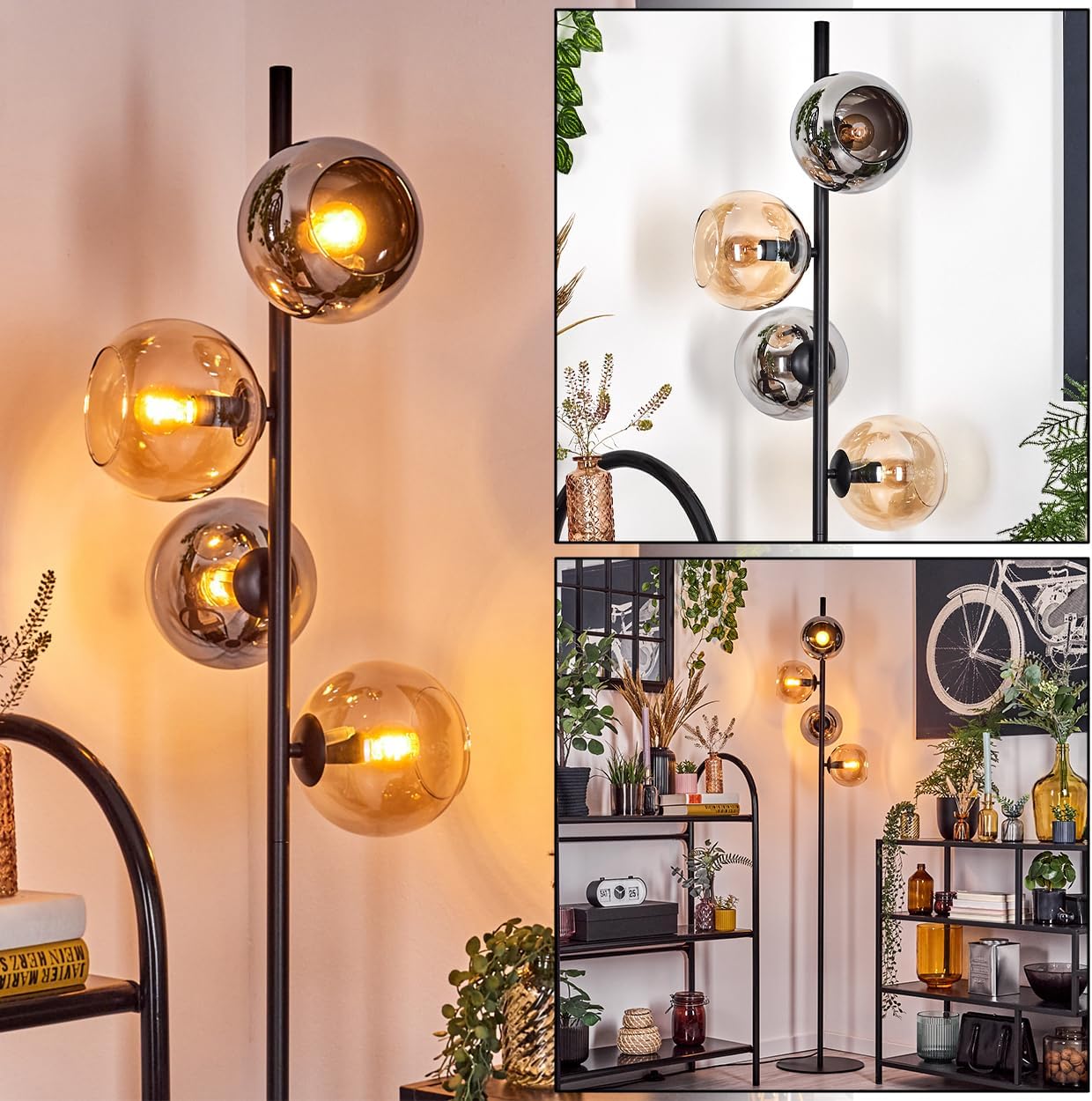 HOFSTEIN Koyoto Floor Lamp illuminated in a living room setting, showcasing its four glass shades.