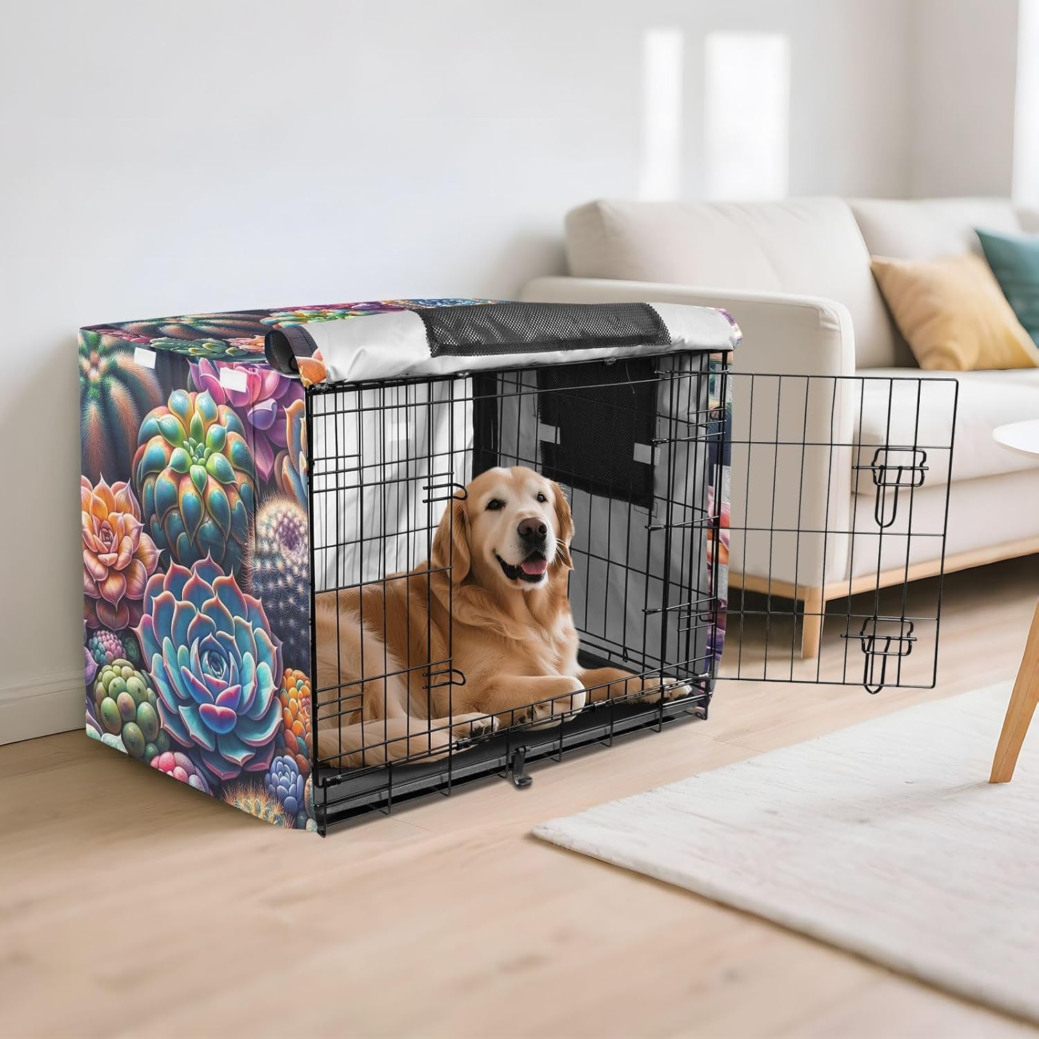 Colorful Succulents Vibrant Pet Cage Cover with Openings, UV-Resistant Water-Resistant Dog Crate Cover, Large