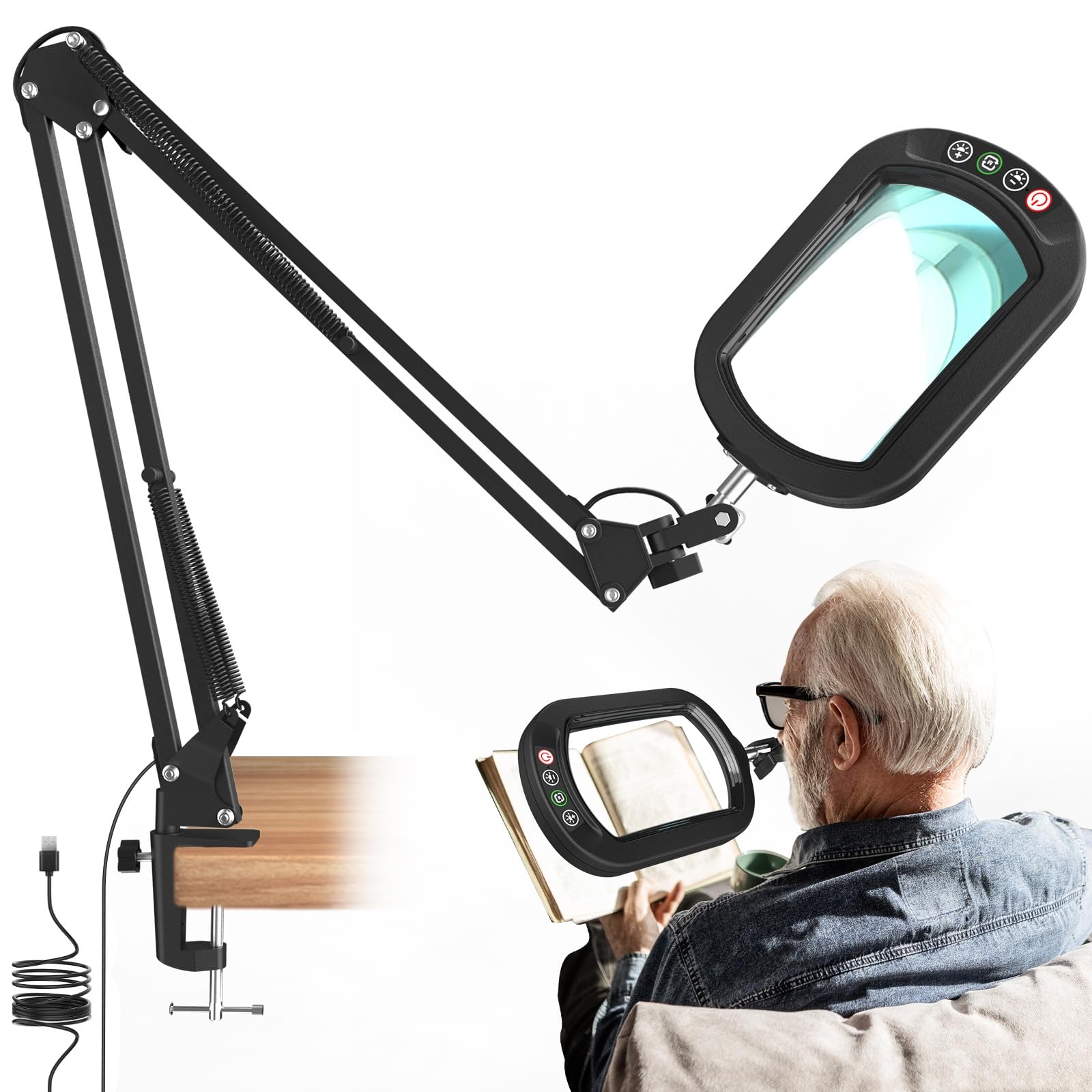 10X Square Magnifying Glass with Light and Clamp, Real Glass LED Lighted Magnifier and Stand, Large Arm 5 Color Modes Stepless Dimmable, Hands-Free Desk Lamp for Reading Craft Hobby Close Work -Black