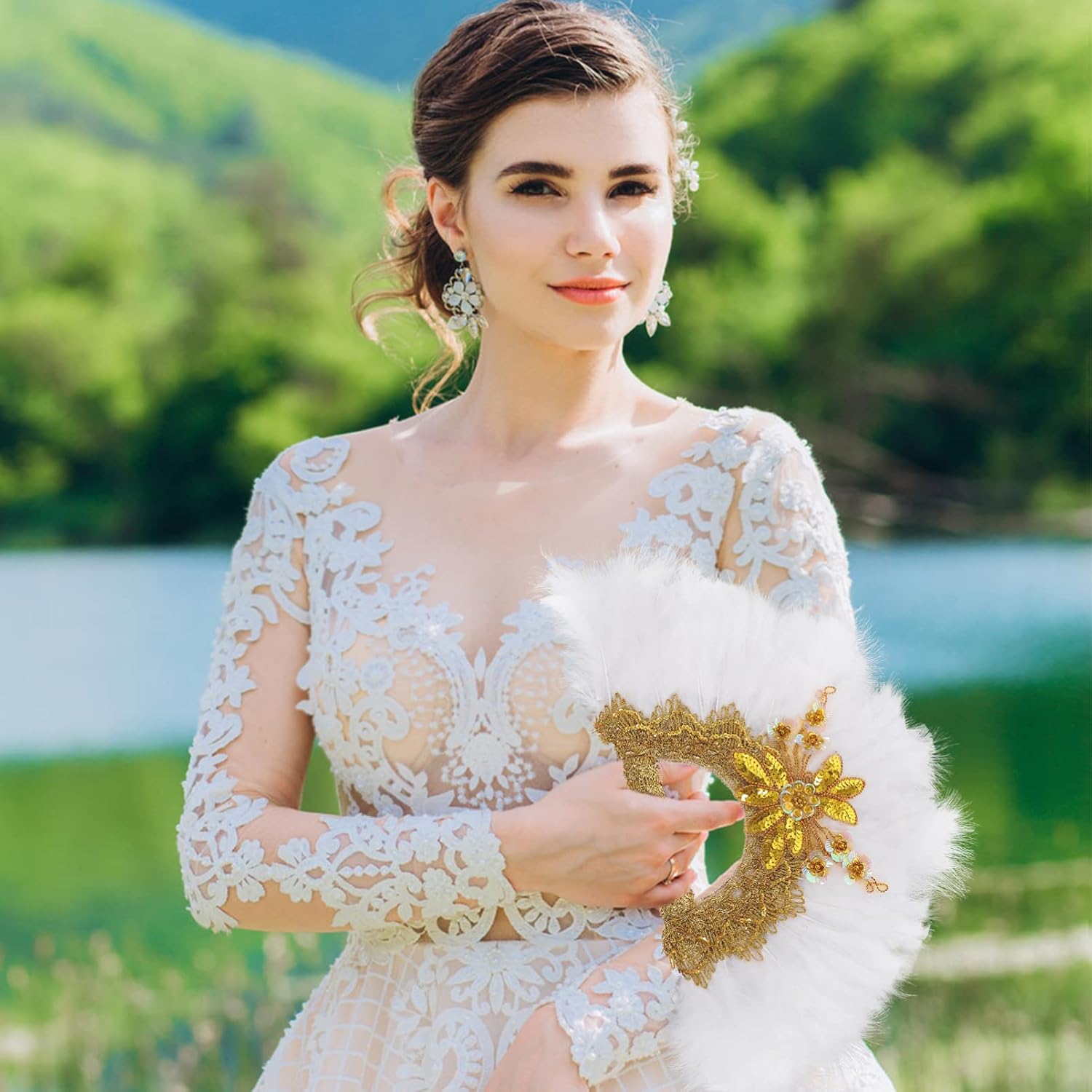 LIFKOME Golden Lace Fan Handheld Fan for Wedding Decorative Plume for Bride for Wedding Party Festivals