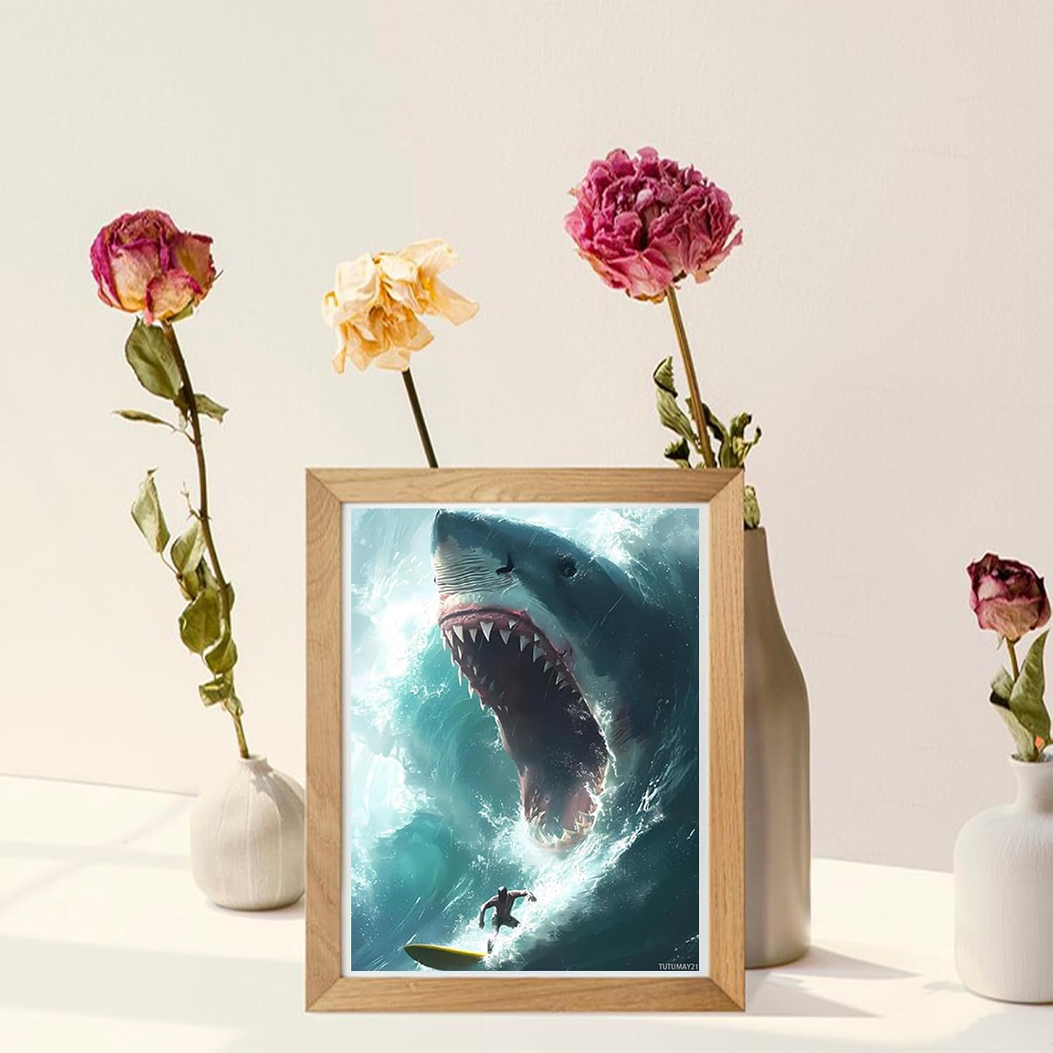 TUTUMAY21 Diamond Art Kits for Adults Surfing Shark 5D Diamond Painting Kits for Adults Beginner, Round Diamond Kits for Home Wall Decor, Gift for Women 12x16 inch
