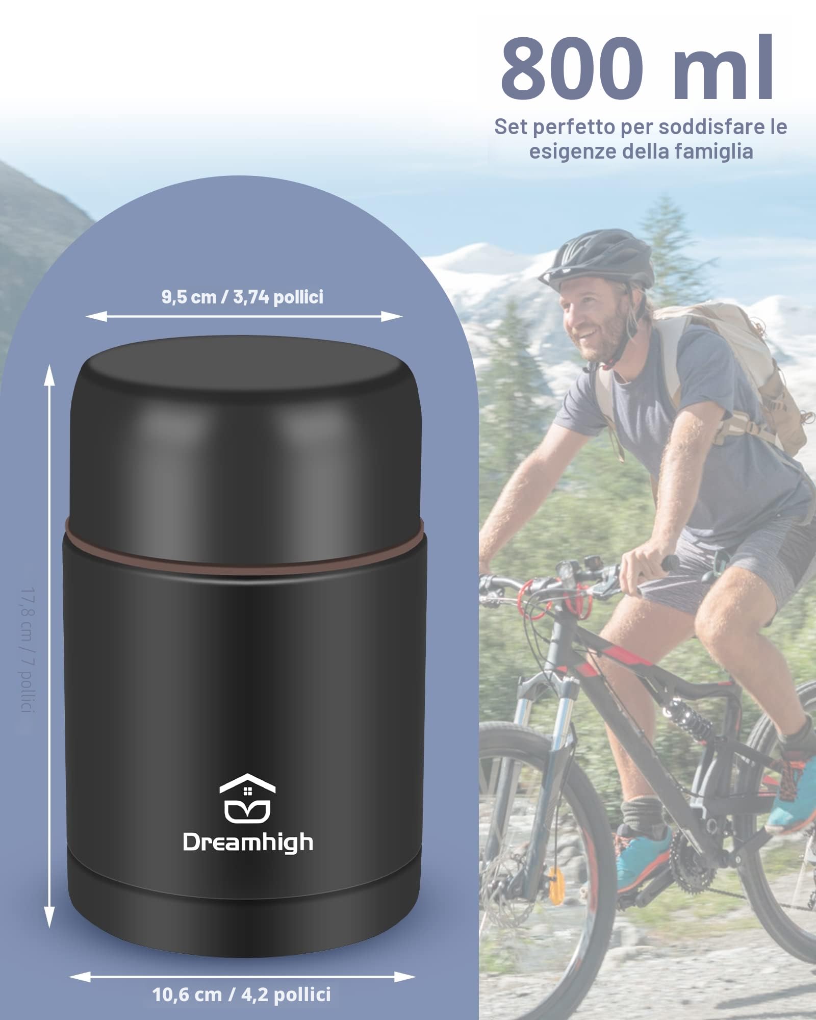 Dreamhigh® Termos per Alimenti 800 ml, Contenitore Termico per Alimenti Caldi, Thermos Pappa Neonati Acciaio Inossidabile con Sacchetto Isolante e Cucchiaio, Portavivande per Zuppa, Pasta (Nero)