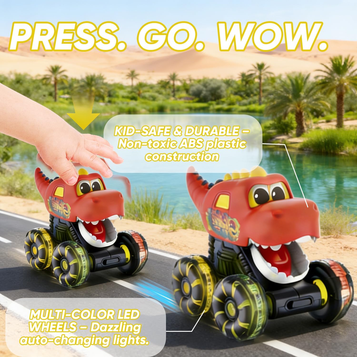 Dinosaur Car Toys for Kids, 3PCS Dinosaur Cars with Flashing LED Wheel, Press and Go Light-Up Dinosaur Truck Toys for Toddlers Boys Birthday Gifts.