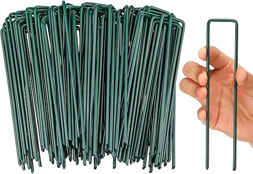 Miniatura 1 de Therwen 100 estacas de jardín verdes de 6 pulgadas galvanizadas, grapas de jardín resistentes, pasadores de paisaje, estacas de césped artificial,