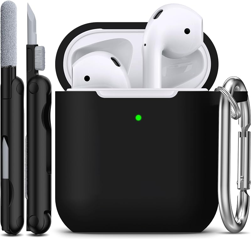 for AirPods 2nd/1st Case Silicone Cover, Black | Compatible with Apple AirPods 2nd/1st (2019/2016) Generation with Keychain & Cleaner Kit, Wireless Charging Compatible