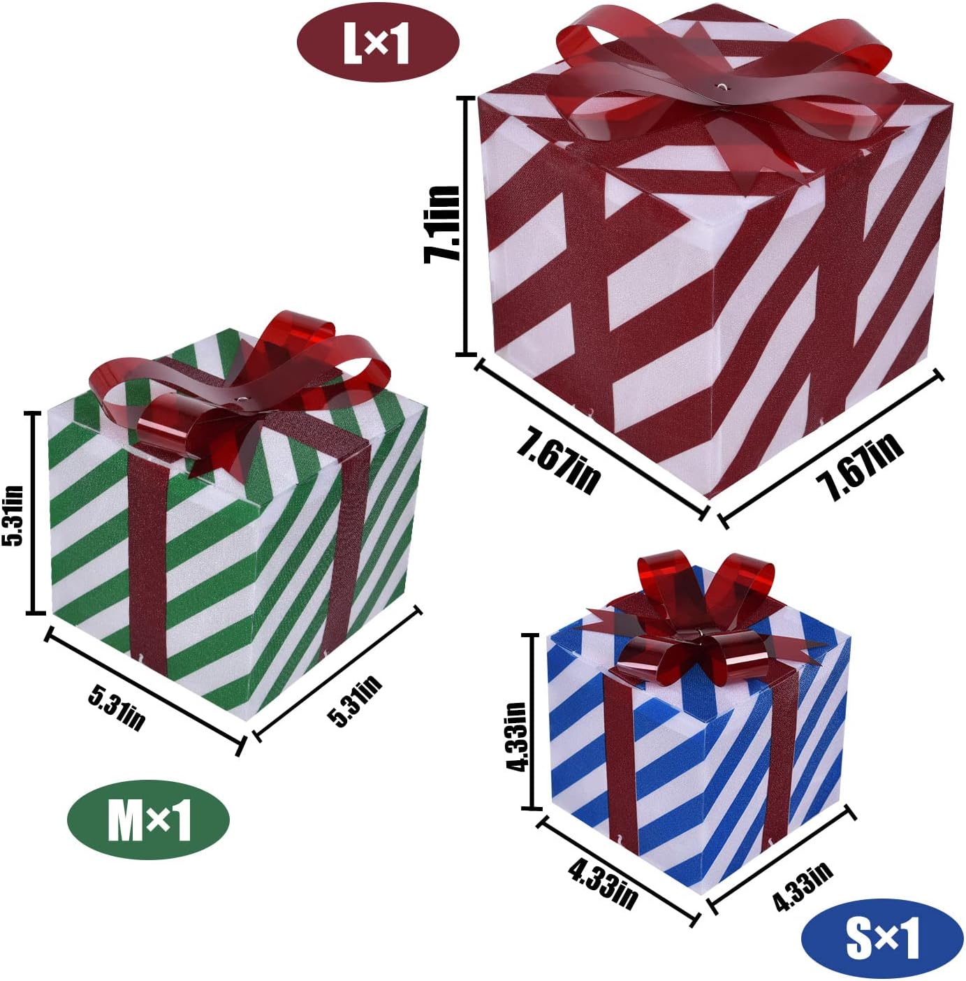 COVFEVER Christmas Lighted Gift Boxes Set of 3, 60 LED Light Up Stripe Design Present Boxes Waterproof Indoor Outdoor with Battery Powered for Holiday Decorations : Patio, Lawn & Garden