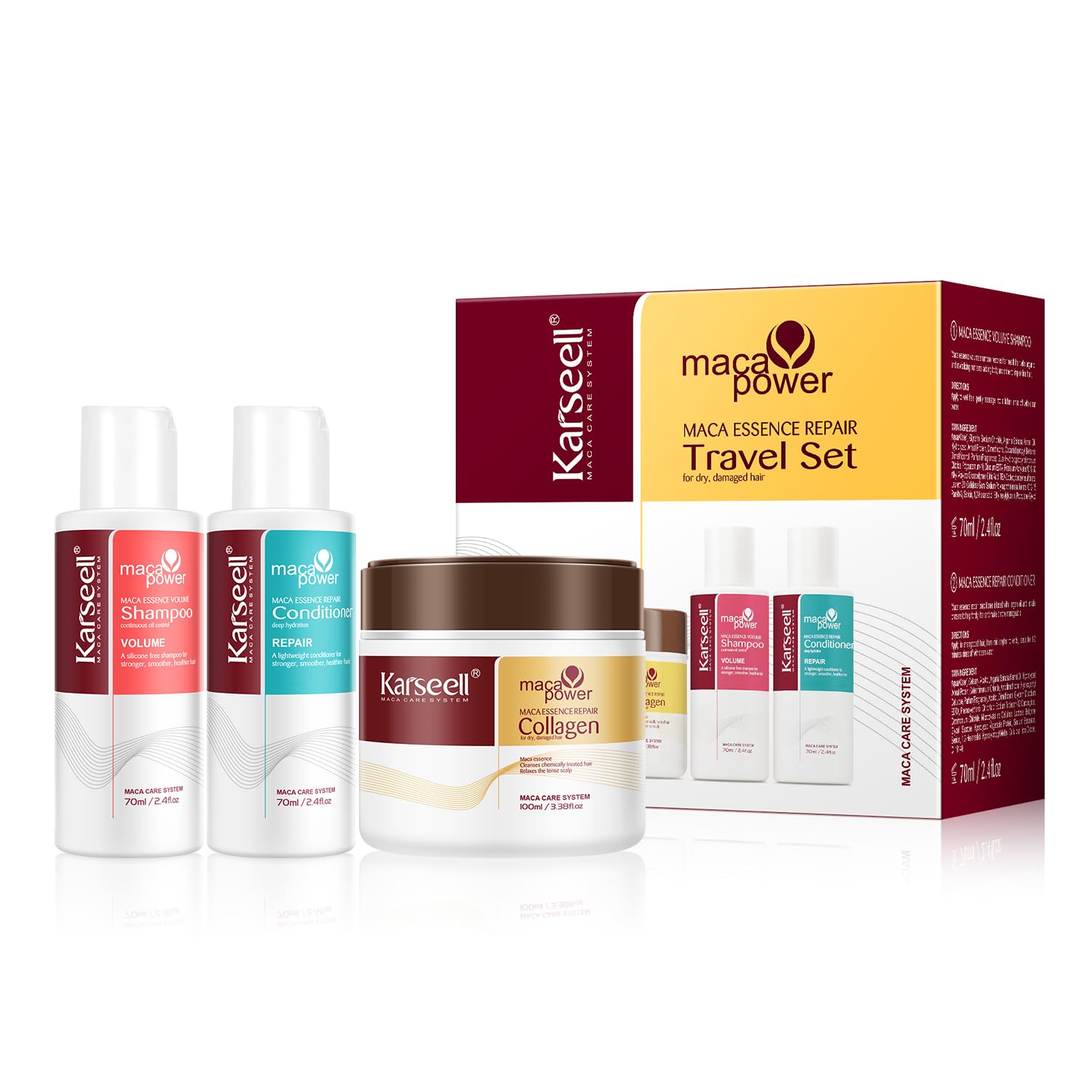 Karseell Coffret de Soins Capillaires, Collagen Masque Cheveux + Shampooing Volumateur +Après-Shampoing, Kits de Voyage pour Tous Types de Cheveux