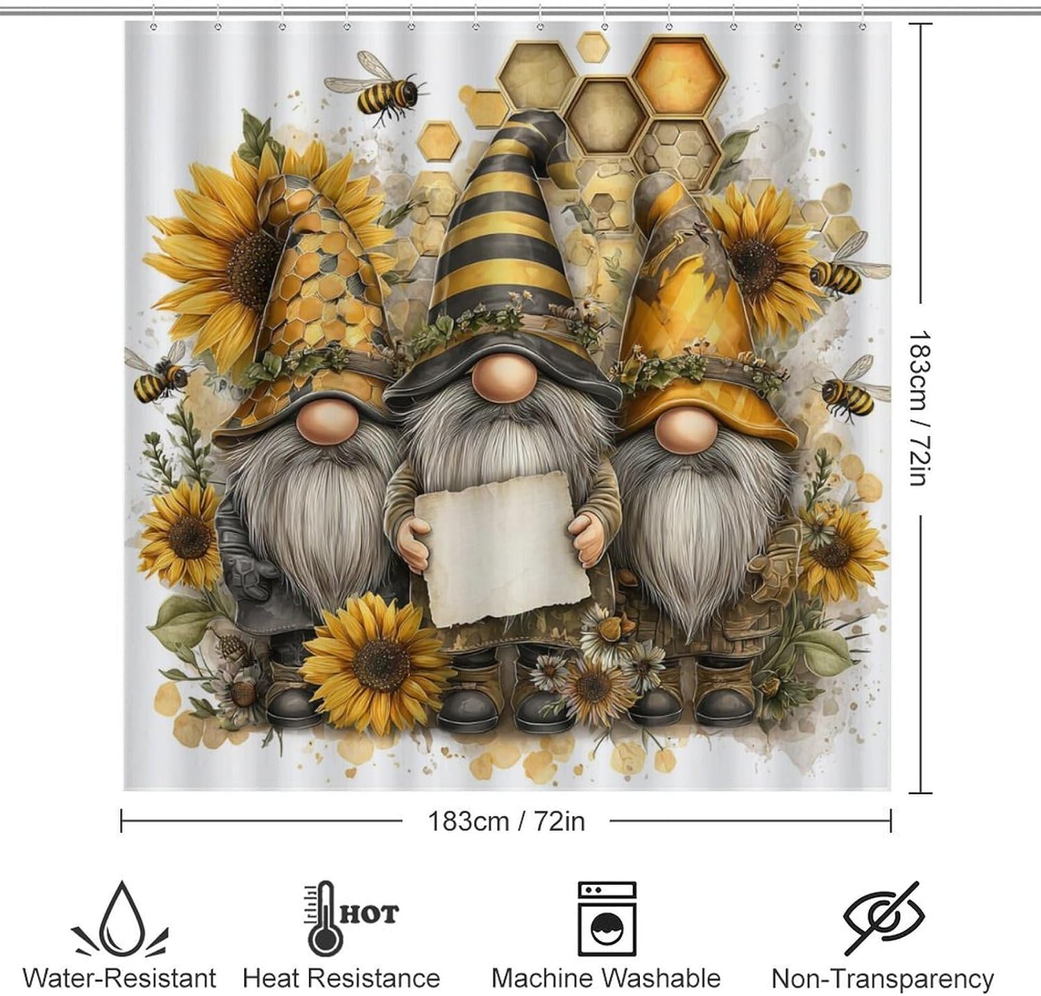 4Pcs Fantasy Gnome Farmhouse Sunflower Honeycomb Shower Curtain 72W X 72L, Toilet Lid Cover Non-Slip Rugs and U-Shaped Mat, Colorful Bee Flower Yellow Bathroom Decor Set with 12 Hooks