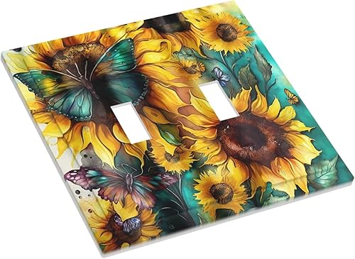 Miniatura 3 de Cubierta de placa de pared de 2 cuadrillas con diseño de girasoles amarillos grandes, diseño de mariposa verde y verde azulado, cubierta de