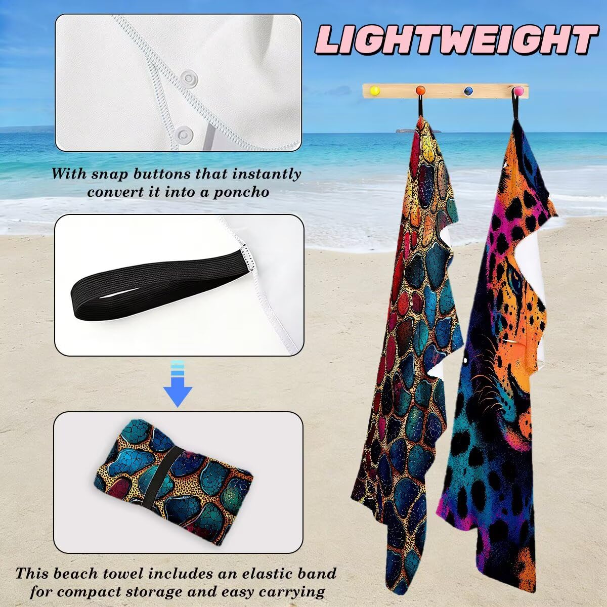 Ręcznik plażowy XXL, 90 x 180 cm, zestaw 2 sztuk, z mikrofibry, ręcznik plażowy w panterkę, szybkoschnący, do sauny, fitness, bez piasku, ręcznik plażowy, do sauny, duży ręcznik kąpielowy, prezent dla