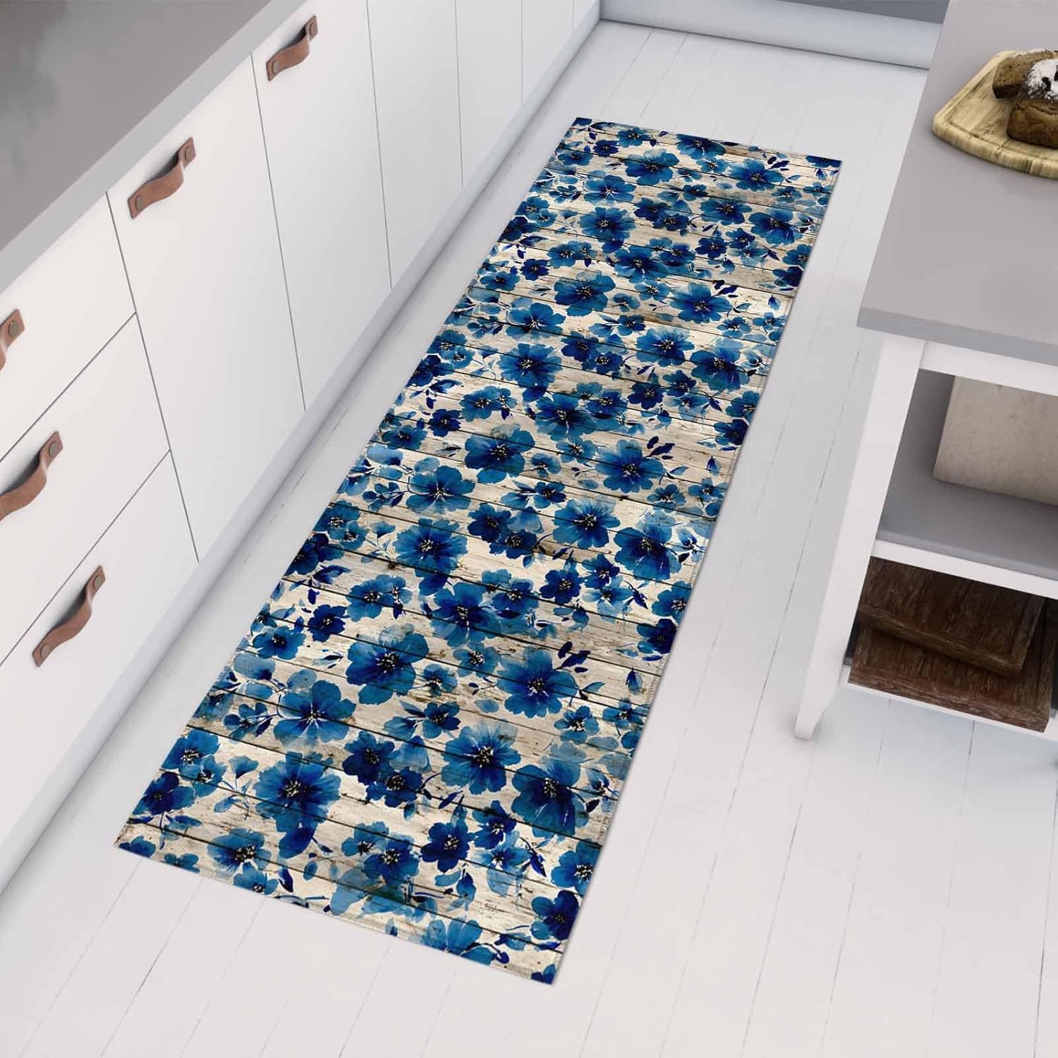 Kitchen Mats for Floor Spring Watercolor Blue Flower Washable Non Slip Kitchen Rugs 1PCS, Retro Floral on Farm Wood Grain Absorbent Standing Mats for Sink Bathroom Office Living Room 15.7x47.2in