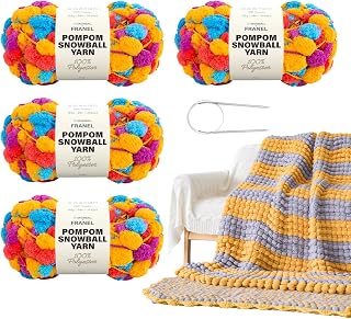 Franel Pompom Yarn Set 4 Balls 150g Each 100% Polyester Super Chunky Craft Yarn for Knitting and Crochet Soft Thick Yarn for Blankets Cushions Mats Ideal for Beginners-Carnival Confetti Multicolor