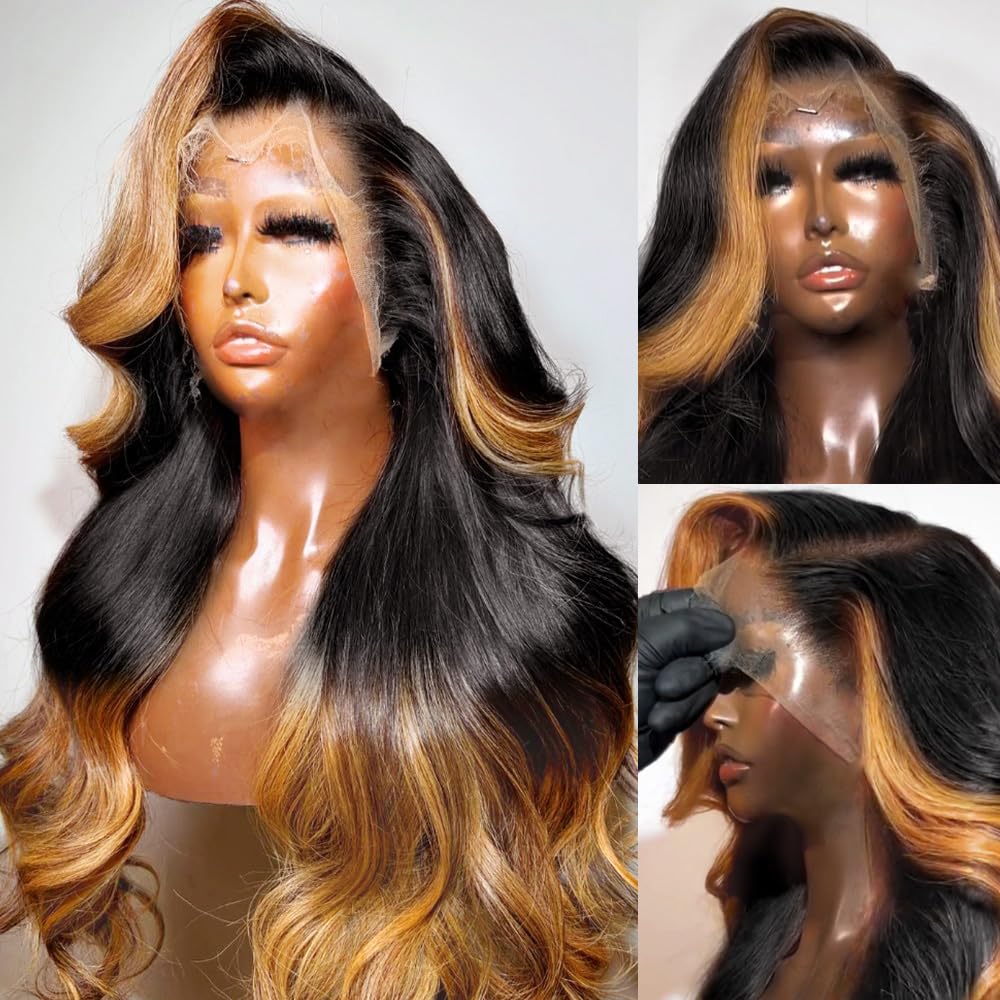 BAIICS 200% Density 13x6 Lace Front Wigs Human Hair Pre Plucked Body Wave HD Transparent Ombre Lace Front Wigs Glueless Wigs Human Hair 13x6 Balayage